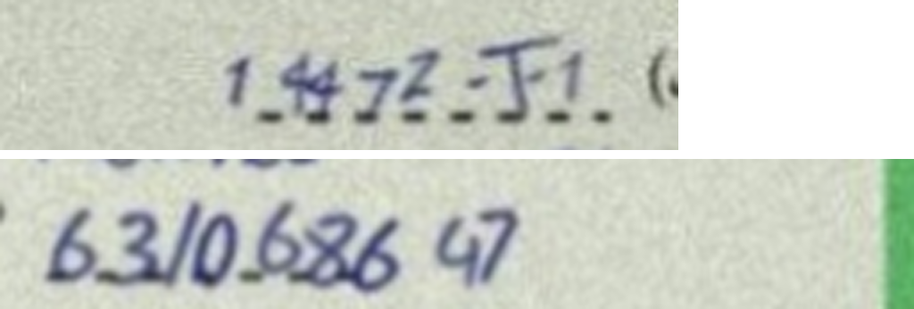 Two enlarged handwriting crops: a plate written as 1.447Z -J-1 and a licence number written as 63 1 063647