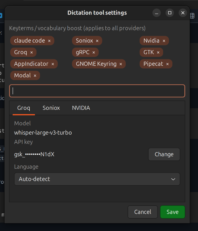 Settings window